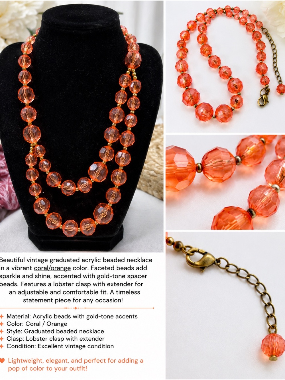 Graduated Orange Faceted Beaded Necklace with Gold-Tone Accents